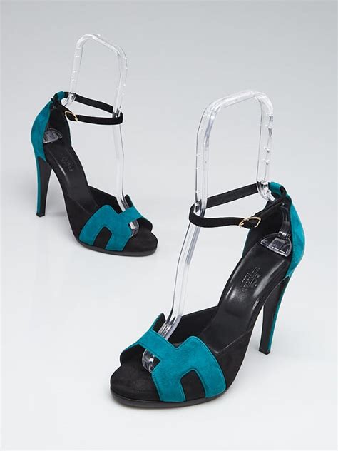 hermes teal black suede open toe pumps|Hermes oasis sandals.